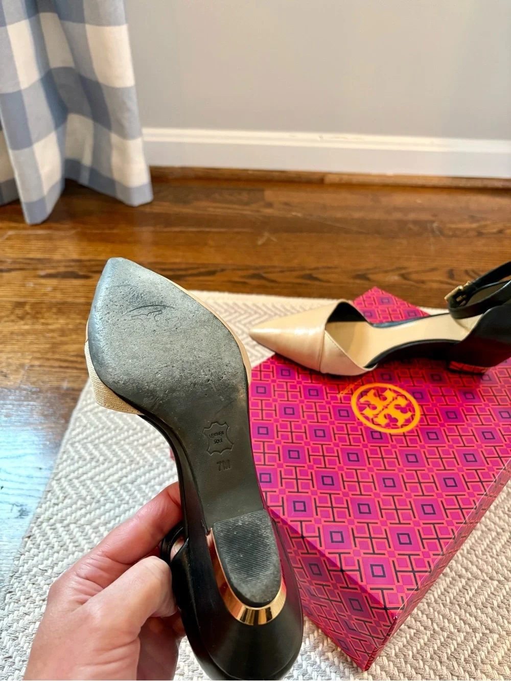 Tory Burch Nude and Black Pointed Leather Wedge Heels
